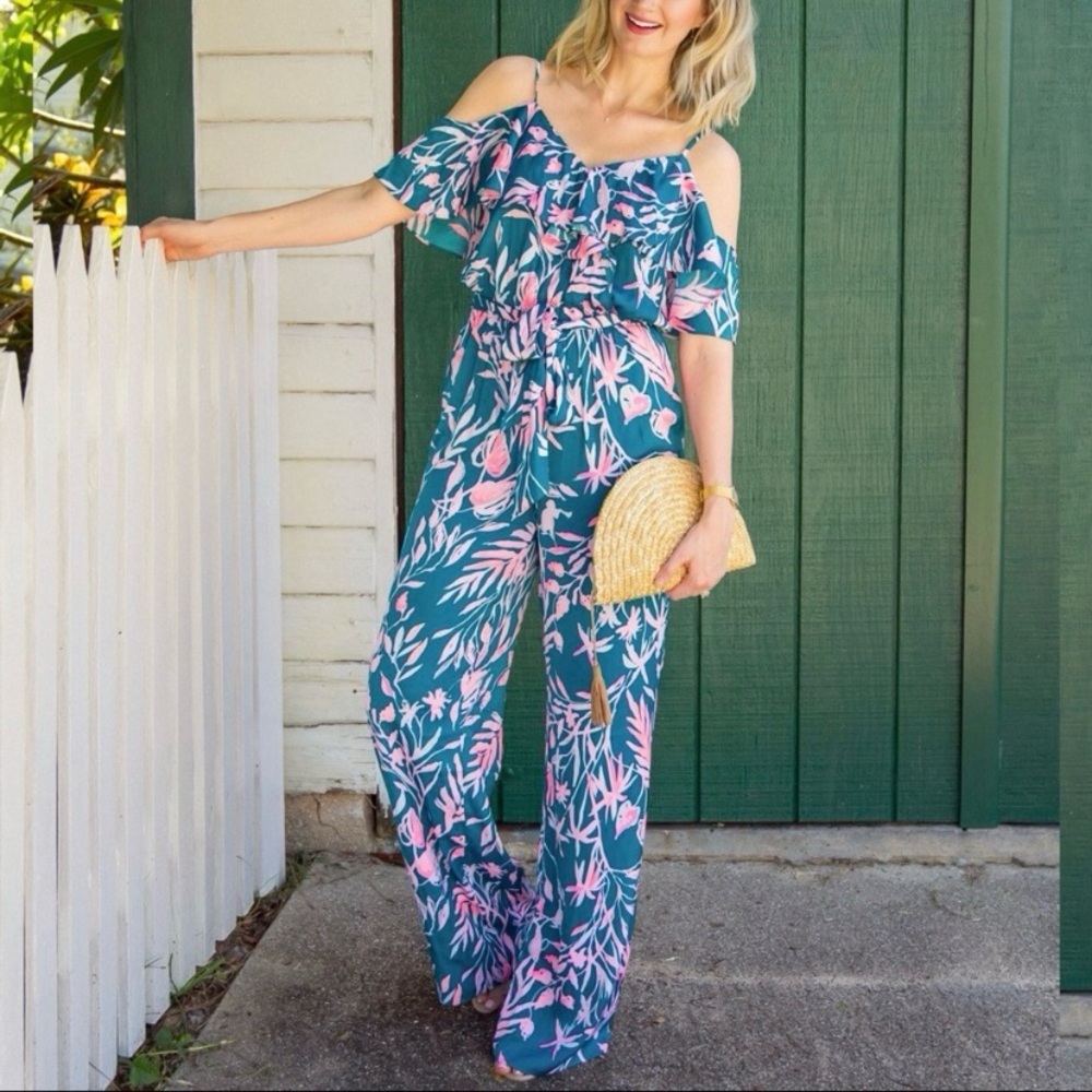 Lilly Pulitzer Emilea Jumpsuit Tidal Wave Prime Time Off Shoulder Floral